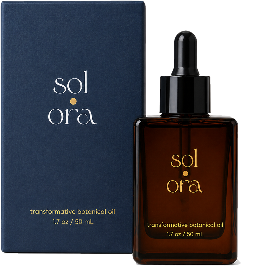 The Sol Ora carton beside the amber glass bottle and dropper